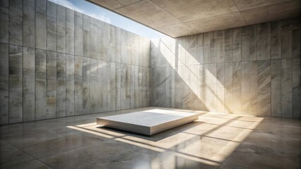 Fototapeta premium Sunlight streams through a skylight illuminating a concrete room with a rectangular platform in the center