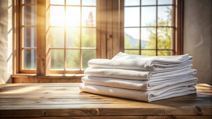Fototapeta premium Stack of fresh white linens on a wooden table bathed in warm sunlight streaming through a window