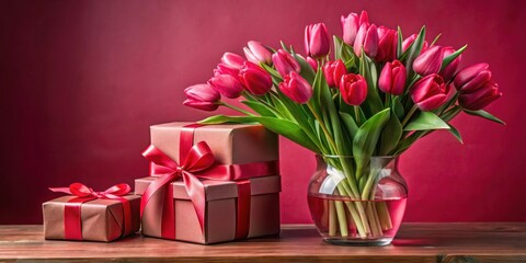 Fototapeta premium A bouquet of vibrant crimson tulips in a clear glass vase, gracefully arranged next to a stack of wrapped gifts, adorned with elegant red bows, against a deep red backdrop.