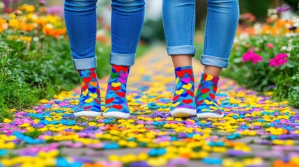 Joyful feet in colorful socks flower pathway lifestyle photography spring garden ground level happiness concept