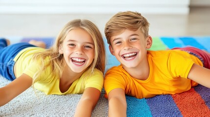 Children playing together indoor living room joyful moment colorful environment cheerful perspective family bonding