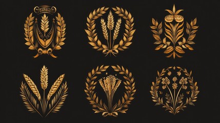 Fototapeta premium A collection of ornate golden laurel wreath designs featuring plants and grains.