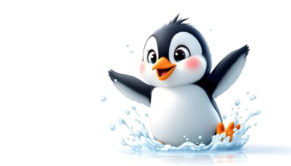 A 2D cartoon illustration of a penguin waddling on ice with snowflakes on a winter scene white background. featuring charming penguins set against the stunning backdrop of the Antarctic scenery