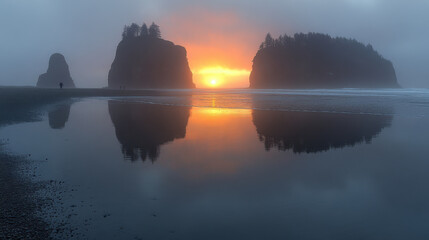 serene sunset over misty beach, with silhouettes of rocky islands reflecting in water. tranquil scene evokes sense of peace and natural beauty