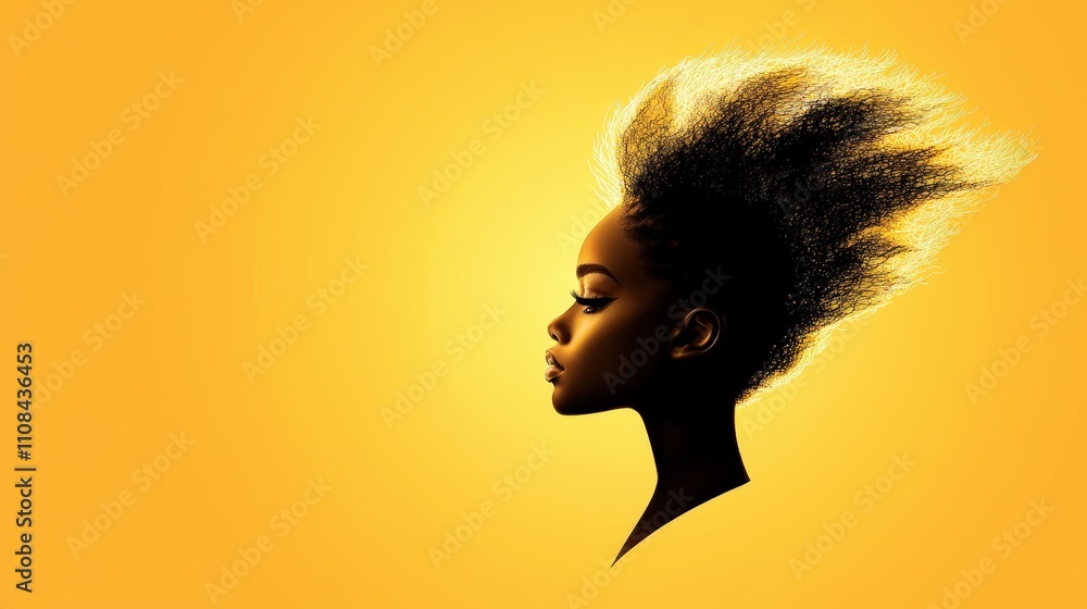 Poster a bold face silhouette with afro-inspired textures and patterns on a solid background.
