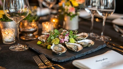 Elegant table setting at a fine dining restaurant with an artistic presentation of oysters on a slate platter, accented with microgreens and aromatics,

