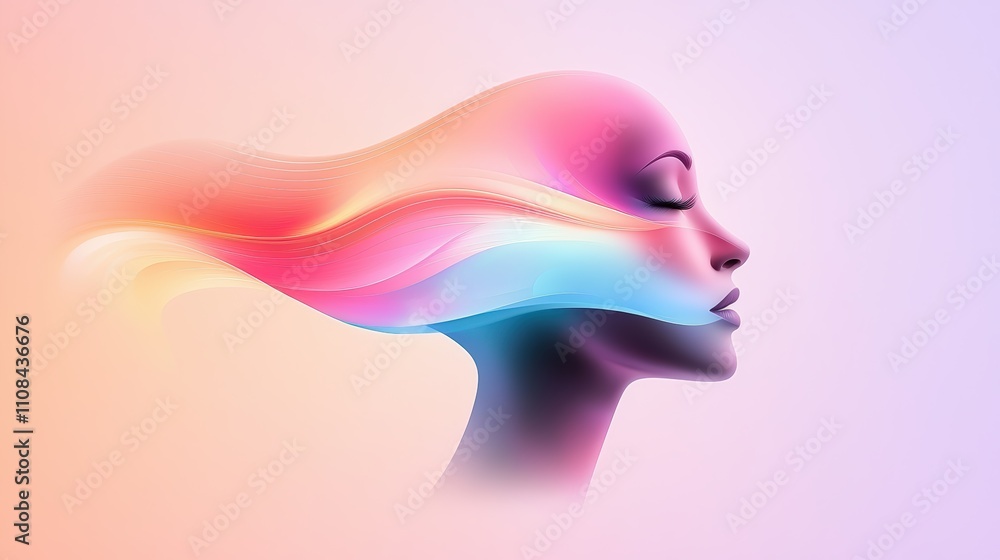 Poster a bold face silhouette with smooth lines, blending into an abstract gradient background.