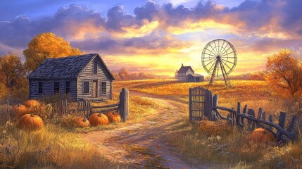 Autumn sunset over rural landscape featuring barn pumpkins and ferris wheel peaceful country setting vibrant nature
