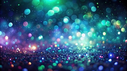 A mesmerizing abstract background with a vibrant gradient of blues, greens, and purples, featuring sparkling bokeh and a textured foreground.