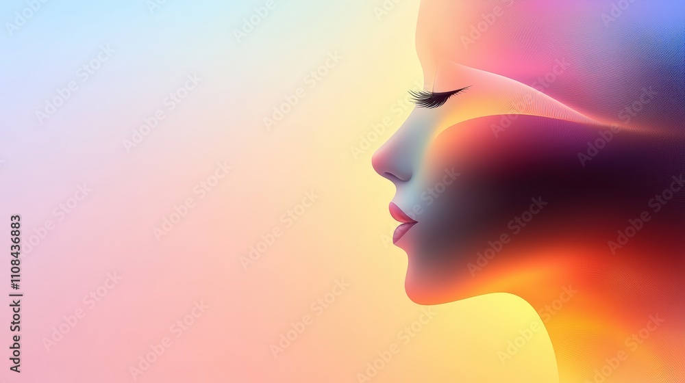 Poster a bold face silhouette with smooth lines, blending into an abstract gradient background.