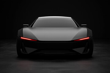 front view of a gray futuristic electric sports car isolated on a dark background