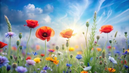Naklejka premium A vibrant field of wildflowers bathed in the golden glow of the setting sun, with red poppies standing tall amidst a symphony of colors and textures.
