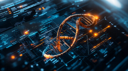 digital concept image featuring DNA helix and data visualization