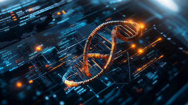 digital concept image featuring DNA helix and data visualization