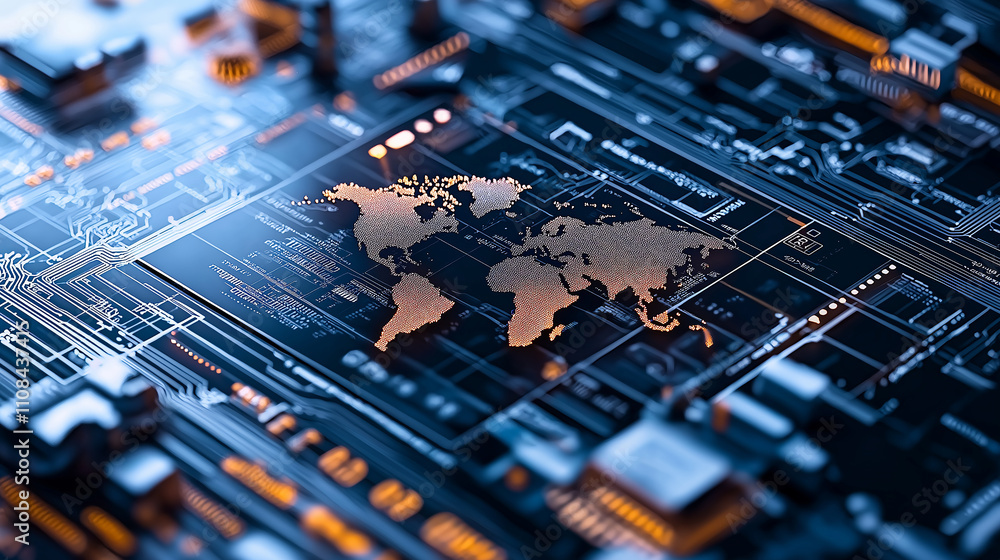 Poster digital world map on circuit board, symbolizing global connectivity
