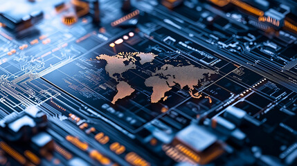 digital world map on circuit board, symbolizing global connectivity