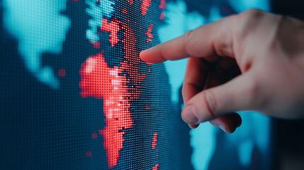 Hand pointing at digital world map with highlighted regions