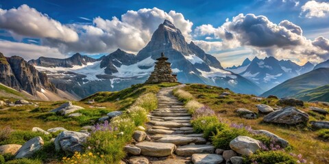 A stone pathway winds through a meadow towards a towering mountain peak under a sky filled with fluffy white clouds.