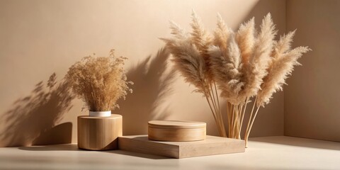 Naklejka premium Natural Minimalist Product Display with Wooden Platform and Pampas Grass