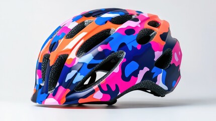 A colorful bicycle helmet featuring a vibrant camouflage pattern for safety and style.