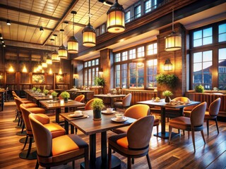 Fototapeta premium Empty Restaurant Kitchen & Dining Area, Dimly Lit, Warm Lighting, AI Generated Image, Rule of Thirds Photography