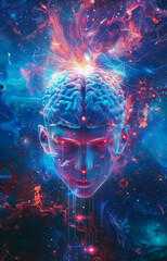 Abstract Head with Brain with Neural Energy and Glowing Connections