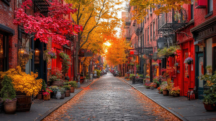 Fototapeta premium picturesque street in Manhattan SoHo, adorned with vibrant autumn foliage and charming buildings, captures essence of serene sunset