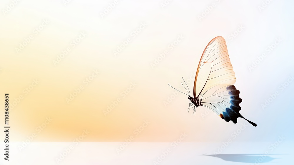 Poster a butterfly silhouette in flight, gracefully hovering with open wings against a soft gradient backgr