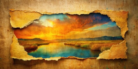 Obraz premium A Torn Piece of Paper Reveals a Tranquil Sunset Landscape With a Serene River Winding Through Lush Grasslands