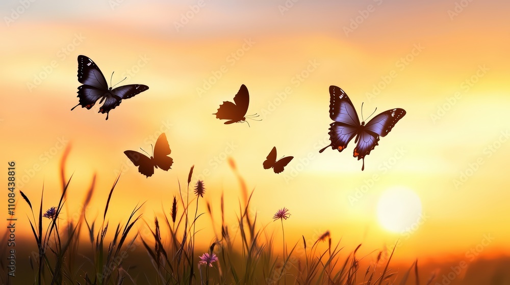 Poster a series of butterfly silhouettes in various flight positions, each captured with soft backlighting,