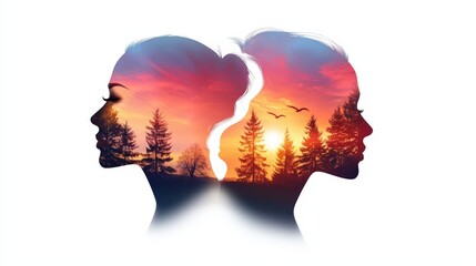 A series of woman face silhouettes blended with landscapes and natural light effects.