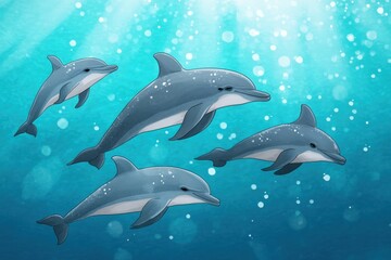 Fototapeta premium A vibrant illustration of four dolphins swimming gracefully underwater.