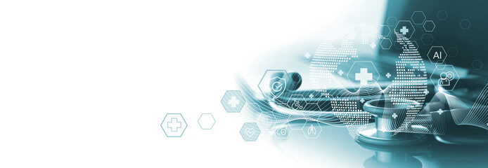 Medical technology, healthcare and medicine concept. Global health network on laptop computer with...