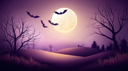 Fototapeta premium A spooky Halloween scene with bats flying under a full moon against a dark purple sky.