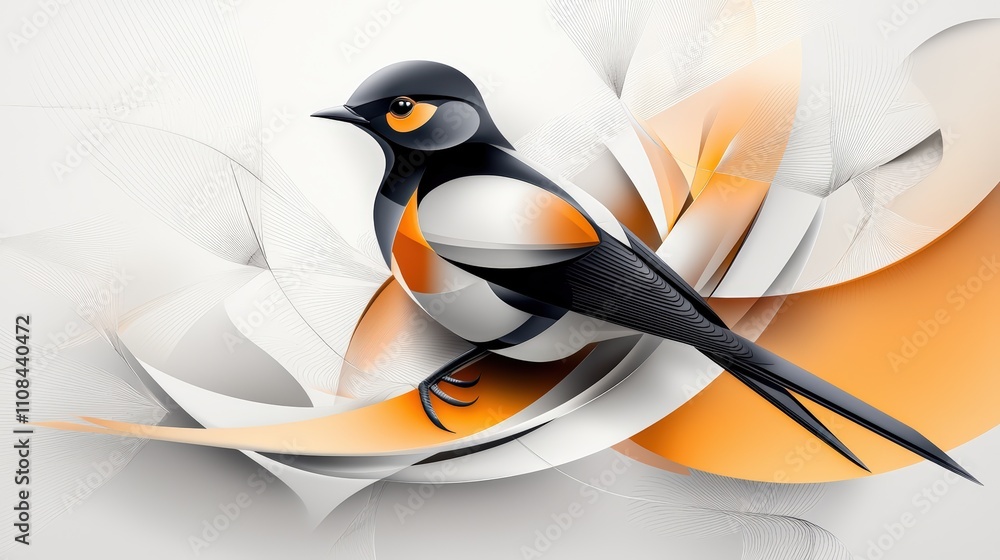 Poster a unique bird illustration with geometric patterns and bold contrasts on a white canvas.