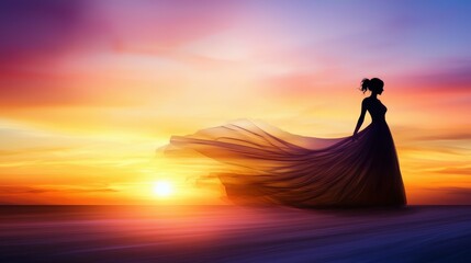 A stunning silhouette of a woman in an elegant flowing dress, standing gracefully against a sunset.