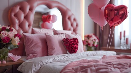 Interior of bedroom decorated for Valentine's Day with roses, hearts and balloons