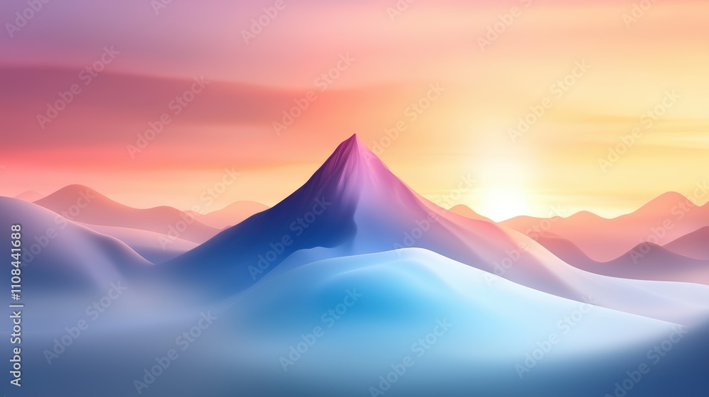 Poster abstract rendering of a mountain silhouette, soft gradients and sharp peaks create visual depth