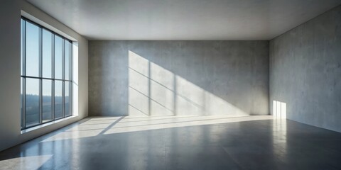 Sunlight streams through a large window in a minimalist concrete room, casting long shadows on the polished floor