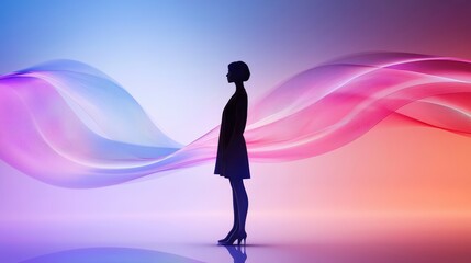 Obraz premium An artistic silhouette of a woman standing with a confident pose, framed by abstract light patterns.