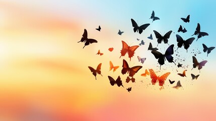 Fototapeta premium Artistic butterfly silhouettes clustered together, forming a nature-inspired abstract composition.