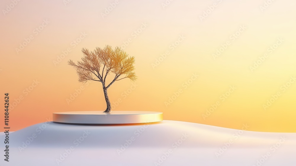Poster artistic rendering of a simple tree silhouette with a metallic podium, soft gradient background, and