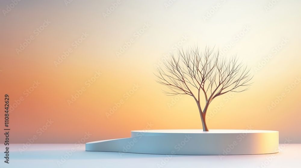 Poster artistic rendering of a simple tree silhouette with a metallic podium, soft gradient background, and