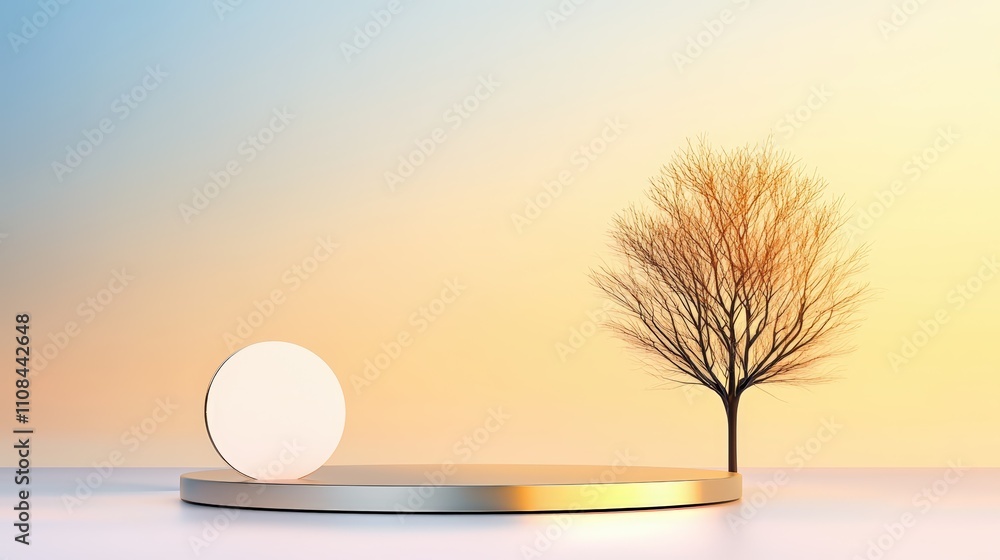 Poster artistic rendering of a simple tree silhouette with a metallic podium, soft gradient background, and