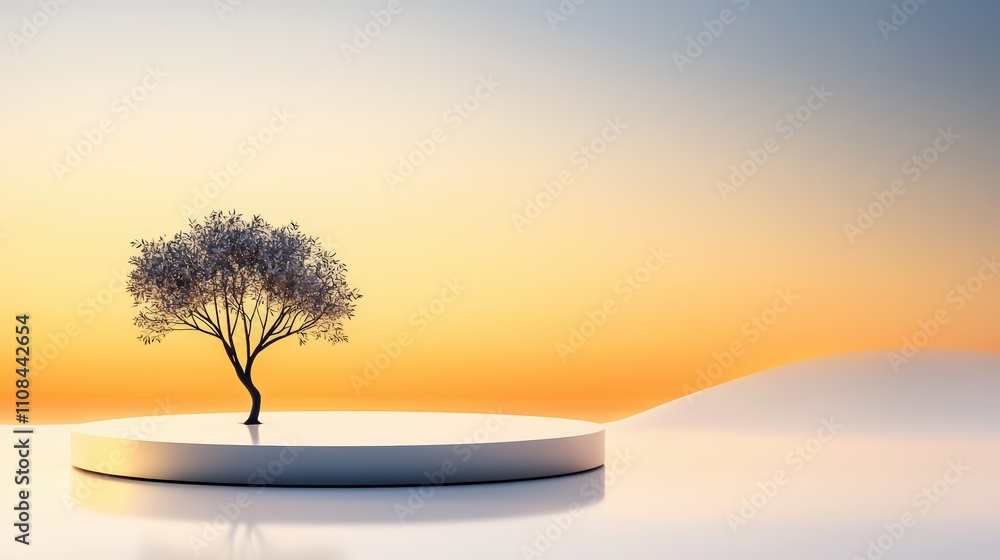 Poster artistic rendering of a simple tree silhouette with a metallic podium, soft gradient background, and