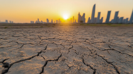 Cracked land from drought disasters with urban city with skyscrapers in background at sunset on warm summer day. Global warming concept 