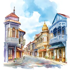 Obraz premium Watercolor Painting of a Charming Street Scene with Colorful Buildings and a Cobblestone Road.