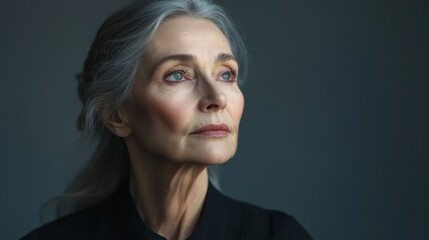 A 70 year old woman wearing a black casual shirt with a gray background presents a realistic style portrait of a modern elderly woman.