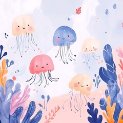 Naklejka premium Delightful Watercolor Illustration of Cute Jellyfish with Seaweed in Pastel Colors.