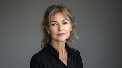 A 70 year old woman wearing a black casual shirt with a gray background presents a realistic style portrait of a modern elderly woman.